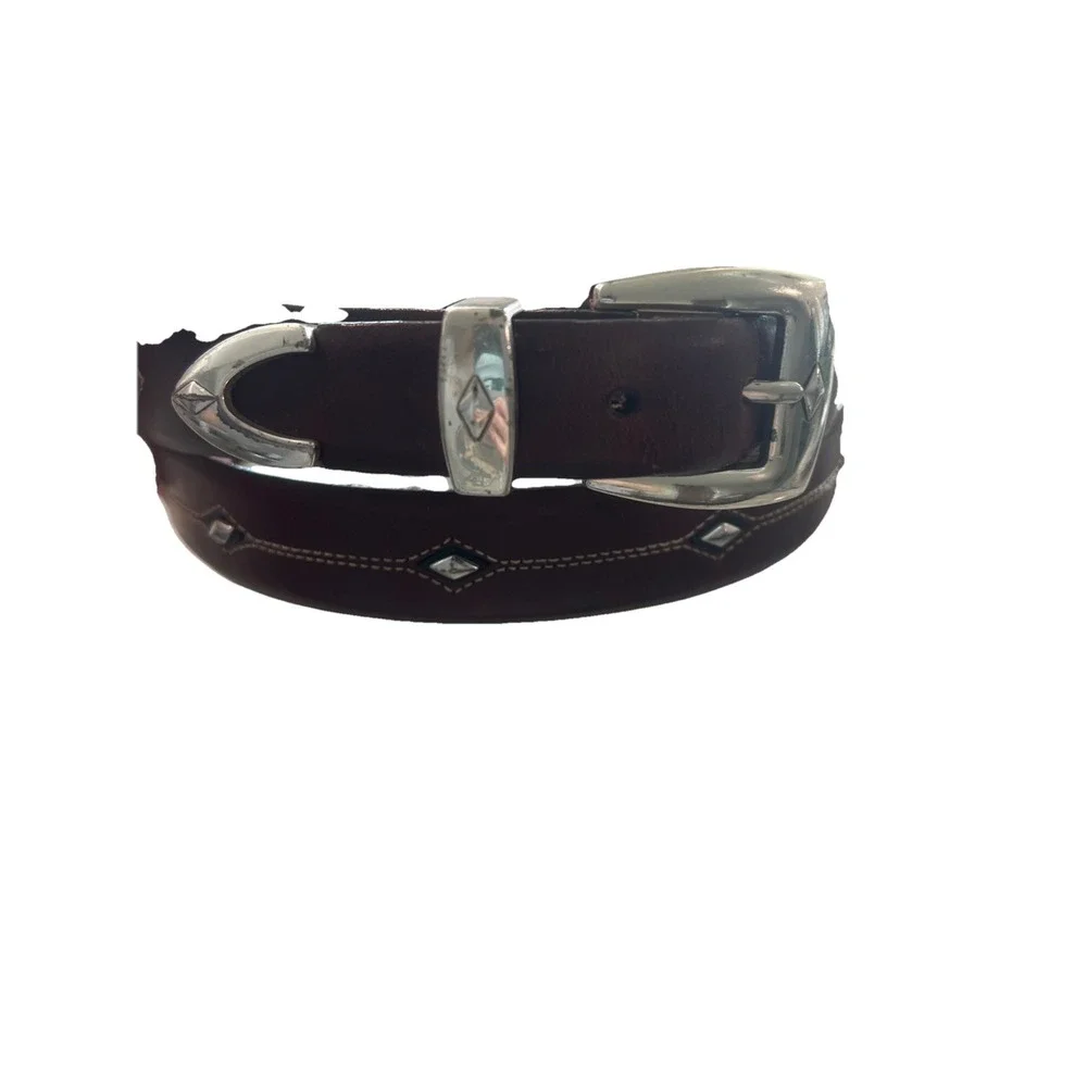 Brighton Brown Men's Belt Leather 44 Western Silver‎ Buckle, Tip, Studs